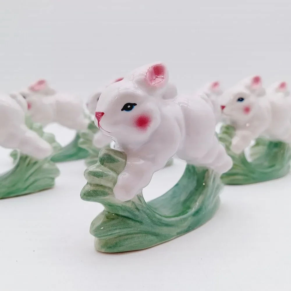 Vtg Bunny Bunnies  Napkin Rings 8 PC Rabbit Ceramic 1998 Brinns Spring Cottage